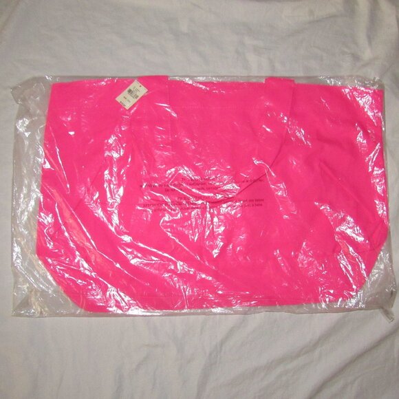 NWT PINK Victorias Secret Hot Pink Tropical Spellout Canvas Tote Bag Beach - Picture 2 of 3